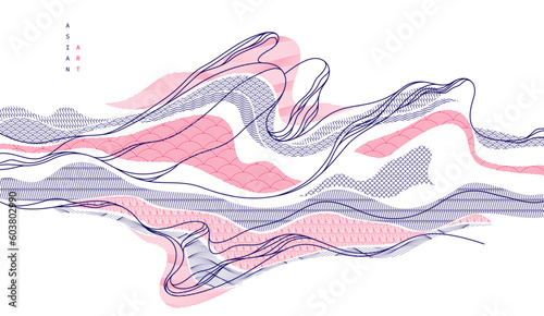 Oriental Japanese style vector abstract illustration, background in Asian traditional style, wavy shapes and mountains terrain, runny like sea lines.
