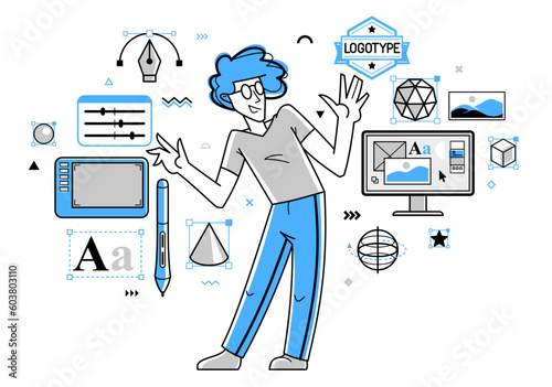 Graphic designer doing some creative job using computer software, digital visual artist working on a project vector outline illustration, composing and editing.