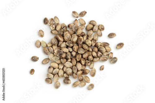 Hemp seeds isolated on white background with full depth of field. Top view. Flat lay
