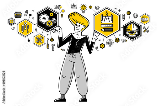 Mechanic engineer working on a draft plan vector illustration, inventor or repair job, engineering machine industry, system technician.