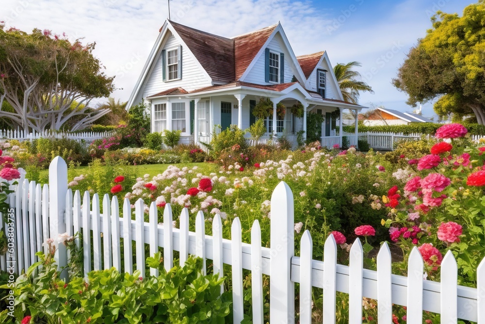 a white picket fence in front of a white house with pink and red ...