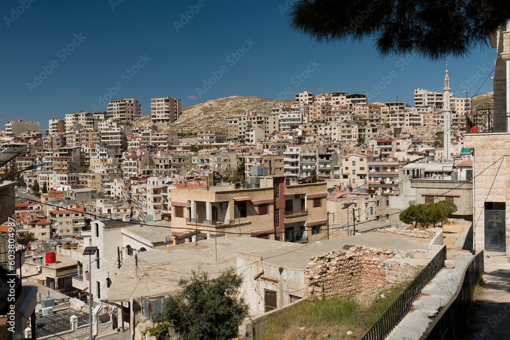 A view of the city of Saidnaya (Seydnaya), located in the mountains at an altitude of 1,500 meters, 27 kilometers north of Damascus. Syria.