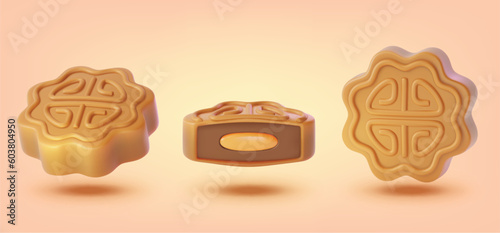3d Different View Moon Cake Set Cartoon Style Element of Mid Autumn Festival Celebration. Vector illustration of Mooncake