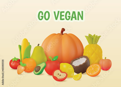 3d Go Vegan Concept Raw Organic Vegetables and Fruits Sign Cartoon Style. Vector illustration of Healthy Diet