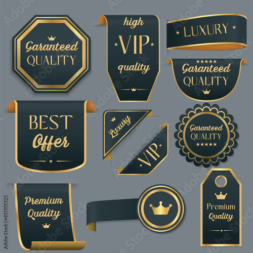 Realistic Detailed 3d Premium Luxury Golden Labels, Banners and Ribbons Set. Vector illustration of Badge Sticker