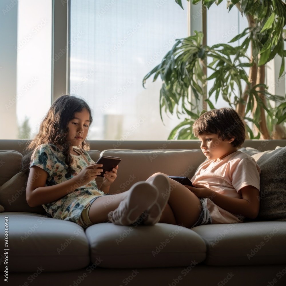 Joyful Children Engrossed in a Captivating Mobile Phone Game, Embracing Digital Entertainment and Technological Engagement. Generative AI Joyful Children Engrossed in a Captivating Mobile Phone Game, Embracing Digital Entertainment and Technological Engagement. Generative AI