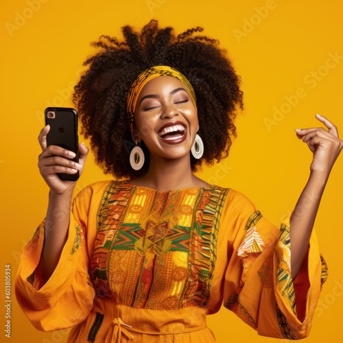 Beautiful african woman looking at the phone, happy smile, color background. Business photo or background. Generative AI