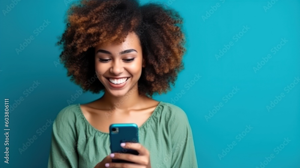 Beautiful african woman looking at the phone, happy smile, color background. Business photo or background. Generative AI Beautiful african woman looking at the phone, happy smile, color background. Business photo or background. Generative AI