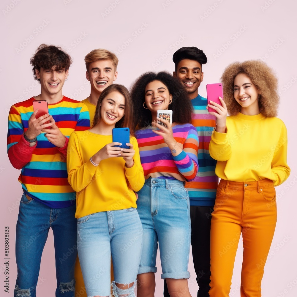 Multiracial group of young friends enjoying and smiling using their mobile phone app. A person holding their phone and looking happy while surrounded by friends or family. Generative AI Multiracial group of young friends enjoying and smiling using their mobile phone app. A person holding their phone and looking happy while surrounded by friends or family. Generative AI