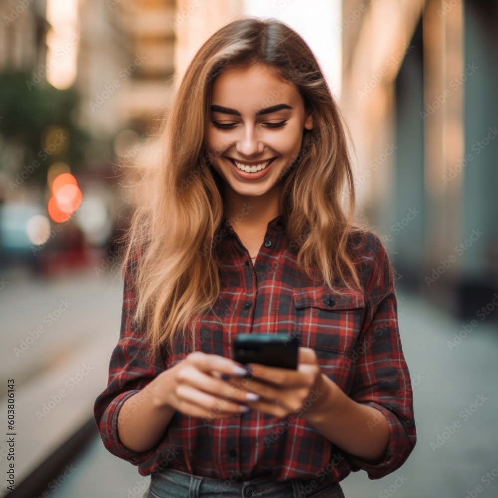 Beautifuln woman looking at the phone, happy smile, color background. Business photo or background. Generative AI