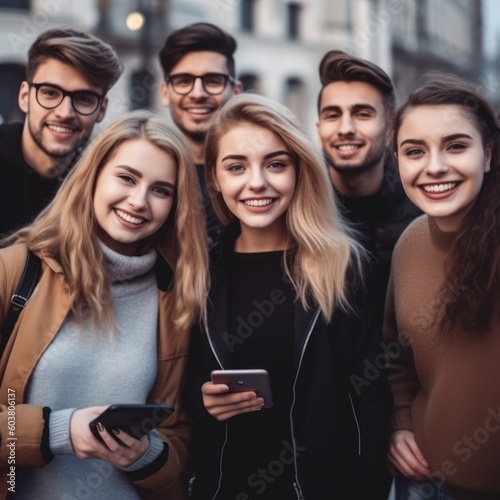 Multiracial group of young friends enjoying and smiling using their mobile phone app. A person holding their phone and looking happy while surrounded by friends or family. Generative AI