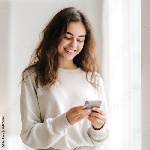 Beautifuln woman looking at the phone, happy smile, color background. Business photo or background. Generative AI