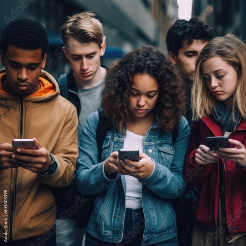 Vibrant Young Individuals Immersed in the Pleasures of Mobile Smartphone Technology, Embracing Digital Connectivity and Modern Lifestyle. Generative AI