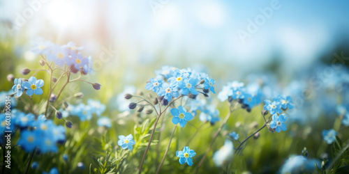 Forget-me-nots. Forget me not flowers in the field. Blue spring wildflowers. Beautiful floral background for greeting card for Mother's day, Birthday, Father day, Wedding. Generative ai illustration © maxa0109