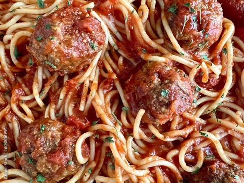 Full frame of spaghetti and meatballs