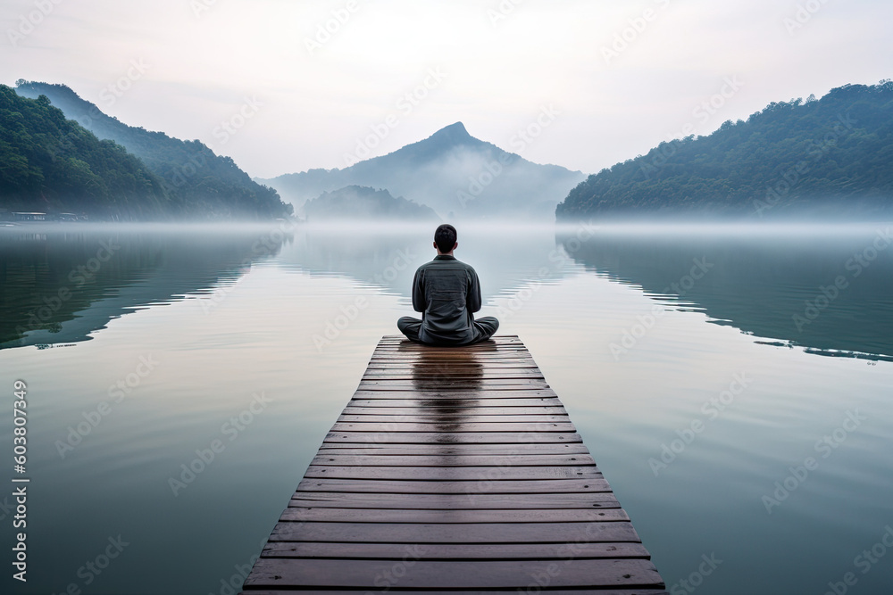 A person practicing meditation in a serene natural setting, created with Generative AI technology