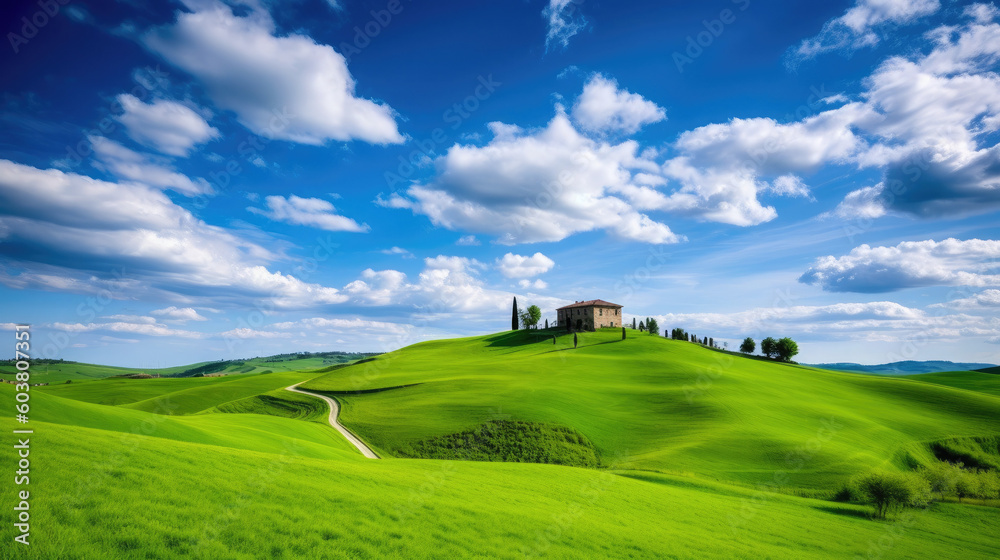 A picturesque countryside landscape with rolling hills, created with Generative AI technology A picturesque countryside landscape with rolling hills, created with Generative AI technology