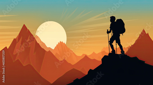A silhouette of a person hiking up a mountain at sunrise, created with Generative AI technology © Dima
