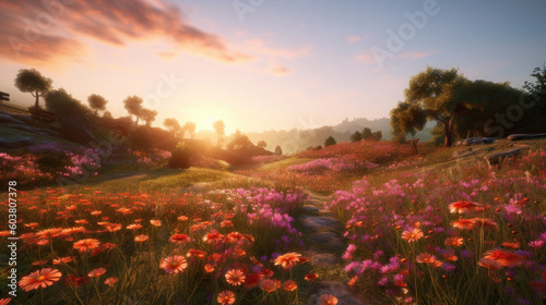  A vibrant sunset over a field of blooming flowers  created with Generative AI technology