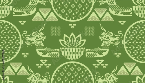 Happy Dragon Boat festival seamless pattern. Duanwu template in the concept of traditional activities. Dragon, rice, zongzi dumplings, sachets Vector flat cartoon illustration photo