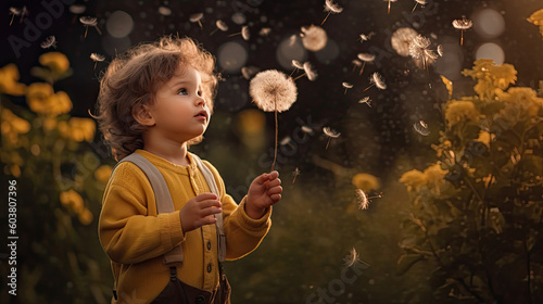  A young child blowing dandelion seeds into the wind, created with Generative AI technology