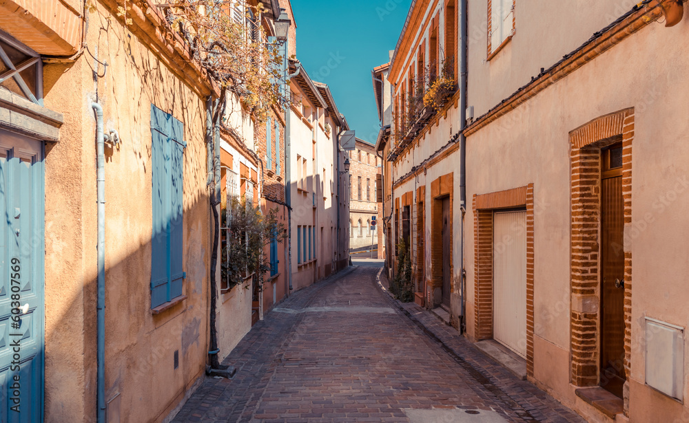 Street in old Toulouse town, Occitanie region, France, South Europe.