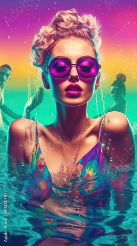 Portrait of a beautiful woman, soaking wet woman wearing swimsuits and art deco sunglasses splashing around happily in ocean, party. Generative ai