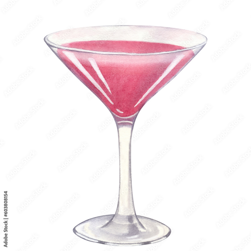 Pink beach tropical alcohol cocktail. Martini drink. Hand-drawn watercolor illustration on white background. Design element - obrazy, fototapety, plakaty 