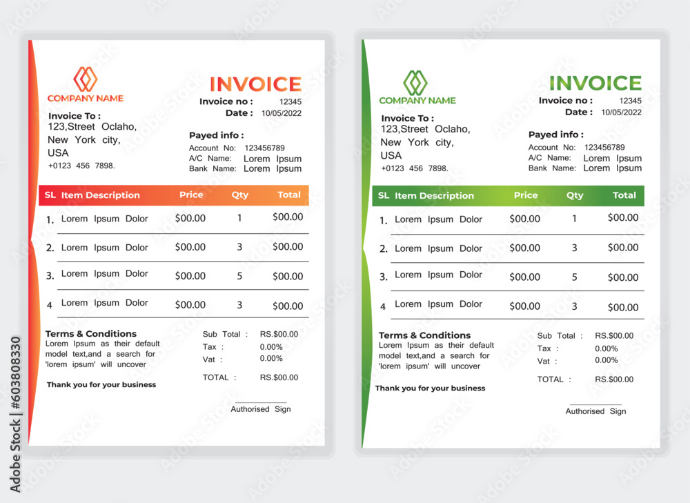 Business Minimal Corporate Invoice design template vector illustration bill form price . Creative template and stationery design payment agreement design template Cash Memo, Vector Quotation Design