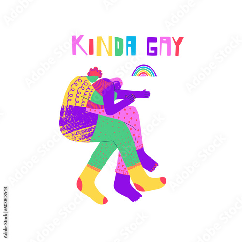 Queer people showing affection to each other and a hand written phrase. Celebrating pride month and the LGBTQ plus community. Vibrant acid colors. 