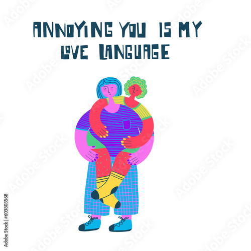 Queer people showing affection to each other and a hand written phrase. Celebrating pride month and the LGBTQ plus community. Vibrant acid colors. 