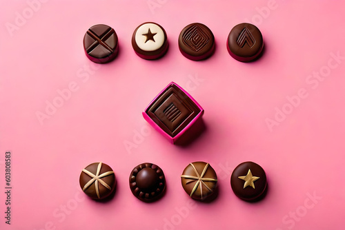 Box of delicious chocolate candies and ribbon on pink background