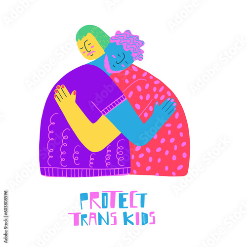 Queer people showing affection to each other and a hand written phrase. Celebrating pride month and the LGBTQ plus community. Vibrant acid colors. 