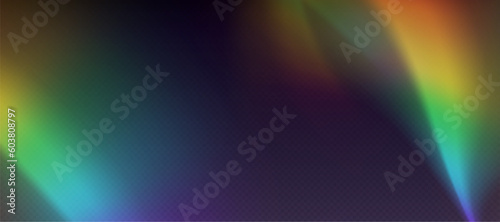 Rainbow refraction overlay, leak flare, prism light effect, rainbow sunlight, holographic rays isolated on a black background. Blurred bokeh retro photo texture, vintage camera glare. Vector backdrop.