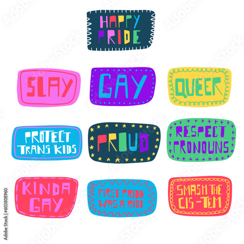 Set of labels, stickers with handwritten lettering about pride month and being queer. Celebrating pride month and the LGBTQ plus community. Vibrant acid colors.