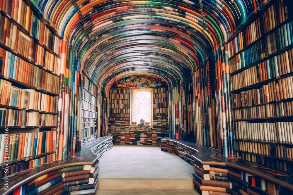 Fototapeta premium A library filled with many colorful books on the shelves. Generative AI Illustration.