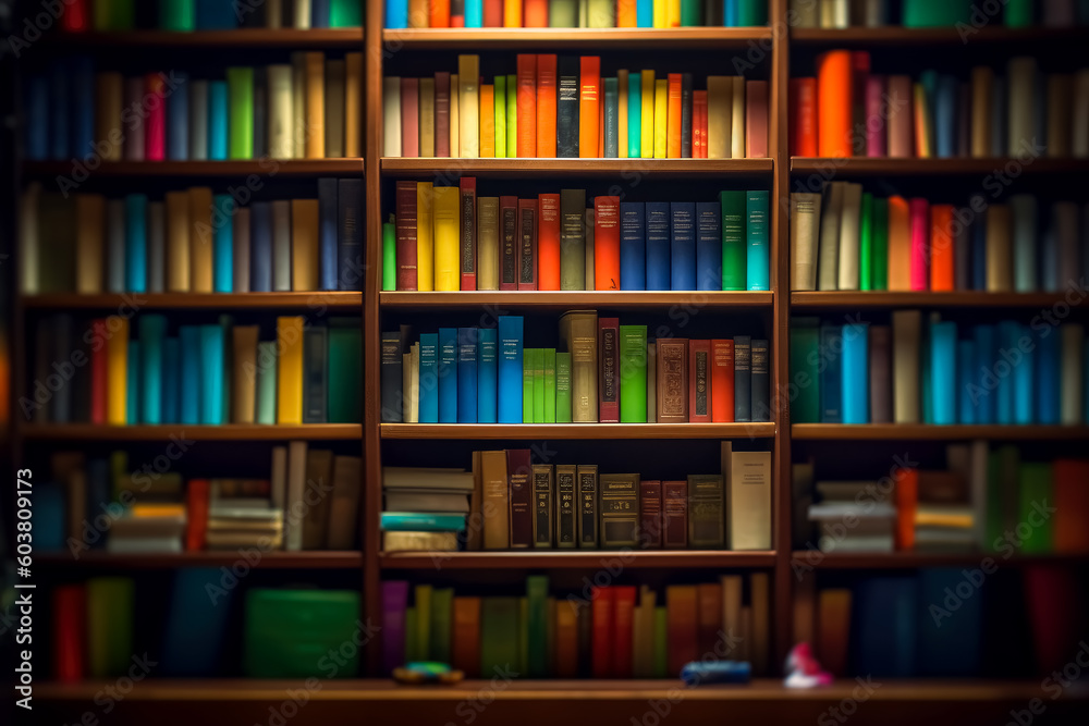 A library filled with many colorful books on the shelves. Generative AI Illustration. A library filled with many colorful books on the shelves. Generative AI Illustration.
