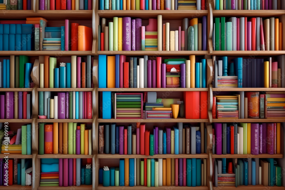A library filled with many colorful books on the shelves. Generative AI Illustration. A library filled with many colorful books on the shelves. Generative AI Illustration.
