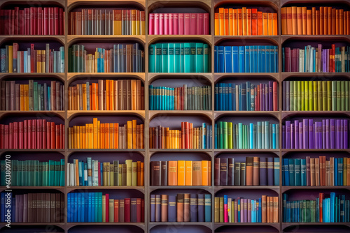 A library filled with many colorful books on the shelves. Generative AI Illustration. photo