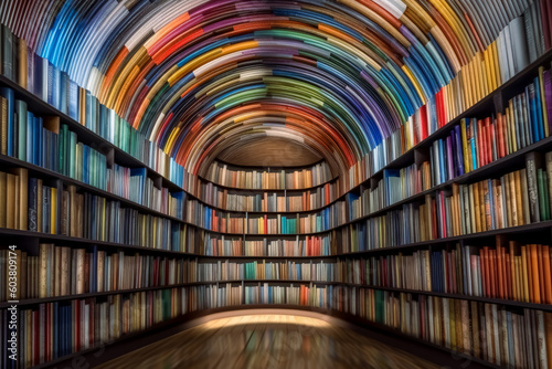 A library filled with many colorful books on the shelves. Generative AI Illustration.