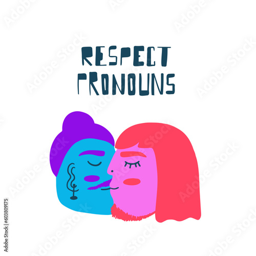 Queer people kissing each other and a hand written phrase. Celebrating pride month and the LGBTQ plus community. Vibrant acid colors. 