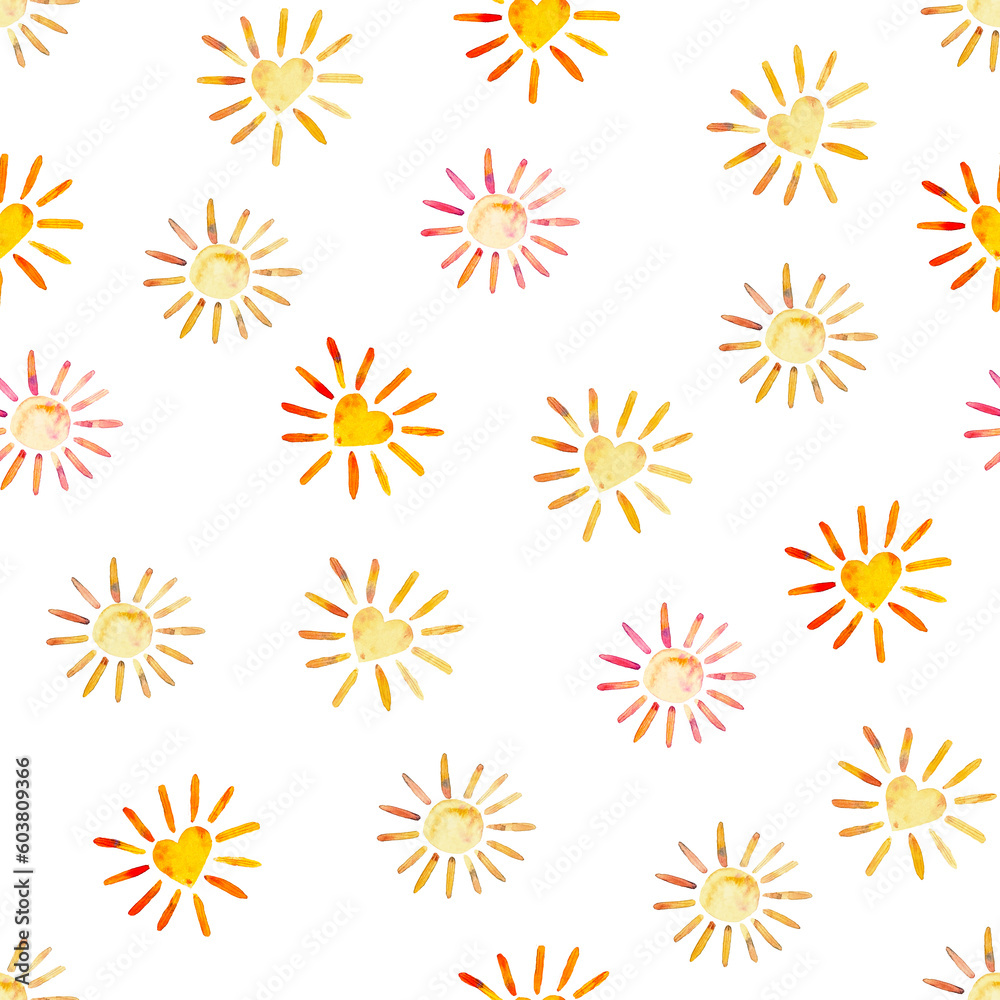 Watercolor Sun with Hearts seamless pattern on the white background. Cute cartoon print. Ideal for fabrics, textiles, baby clothes, wrapping paper. Watercolor Sun with Hearts seamless pattern on the white background. Cute cartoon print. Ideal for fabrics, textiles, baby clothes, wrapping paper.
