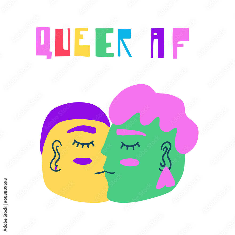 Queer people kissing each other and a hand written phrase. Celebrating pride month and the LGBTQ plus community. Vibrant acid colors.
