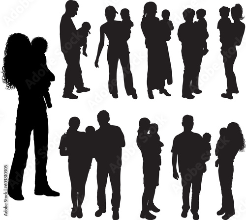 Silhouettes of parents with baby, vector illustration