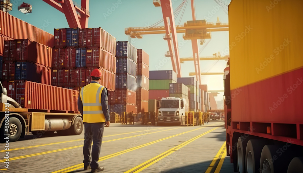 Naklejka premium logistics engineer control at the port, loading containers