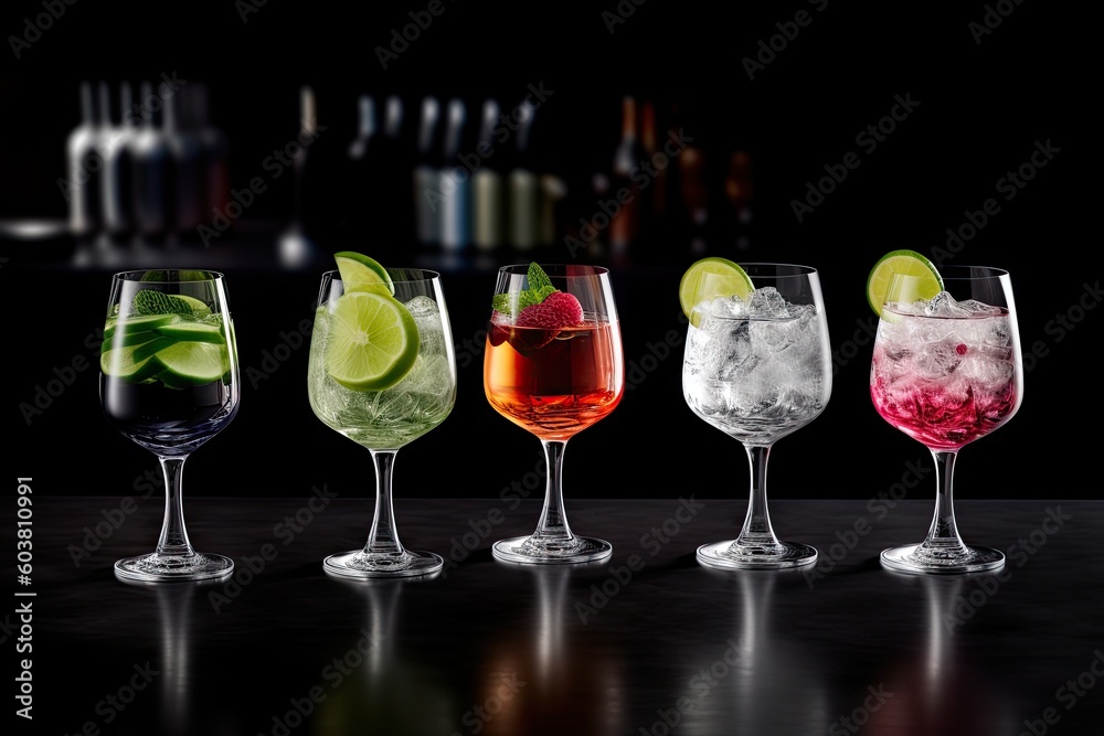 colorful and diverse selection of drinks in glasses arranged in a row. Generative AI