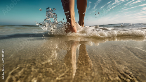 Bare feet walking on the water at the beach, sand, sun. Banner. AI generated.