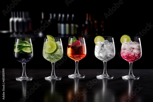 colorful and diverse selection of drinks in glasses arranged in a row. Generative AI