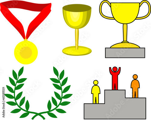 Victory- a medal, trophy, winners platform and wreath.