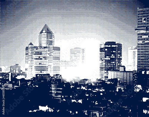 Vector halftone illustration of a city at night